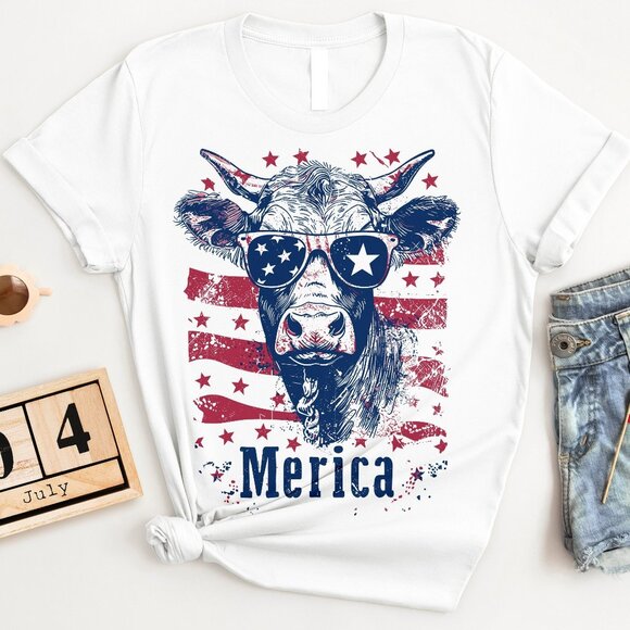 T shirt Other - Cow Shirt Funny Highland Cow T Shirt 4th Of July Stars American Flag Graphic Tee